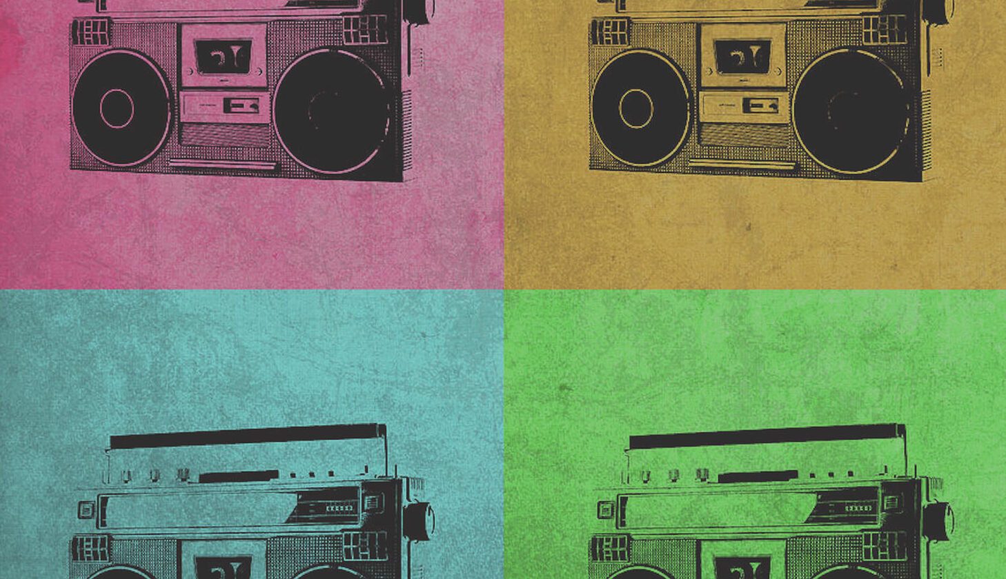 Pop art rendition of a boombox, in quadruplicate