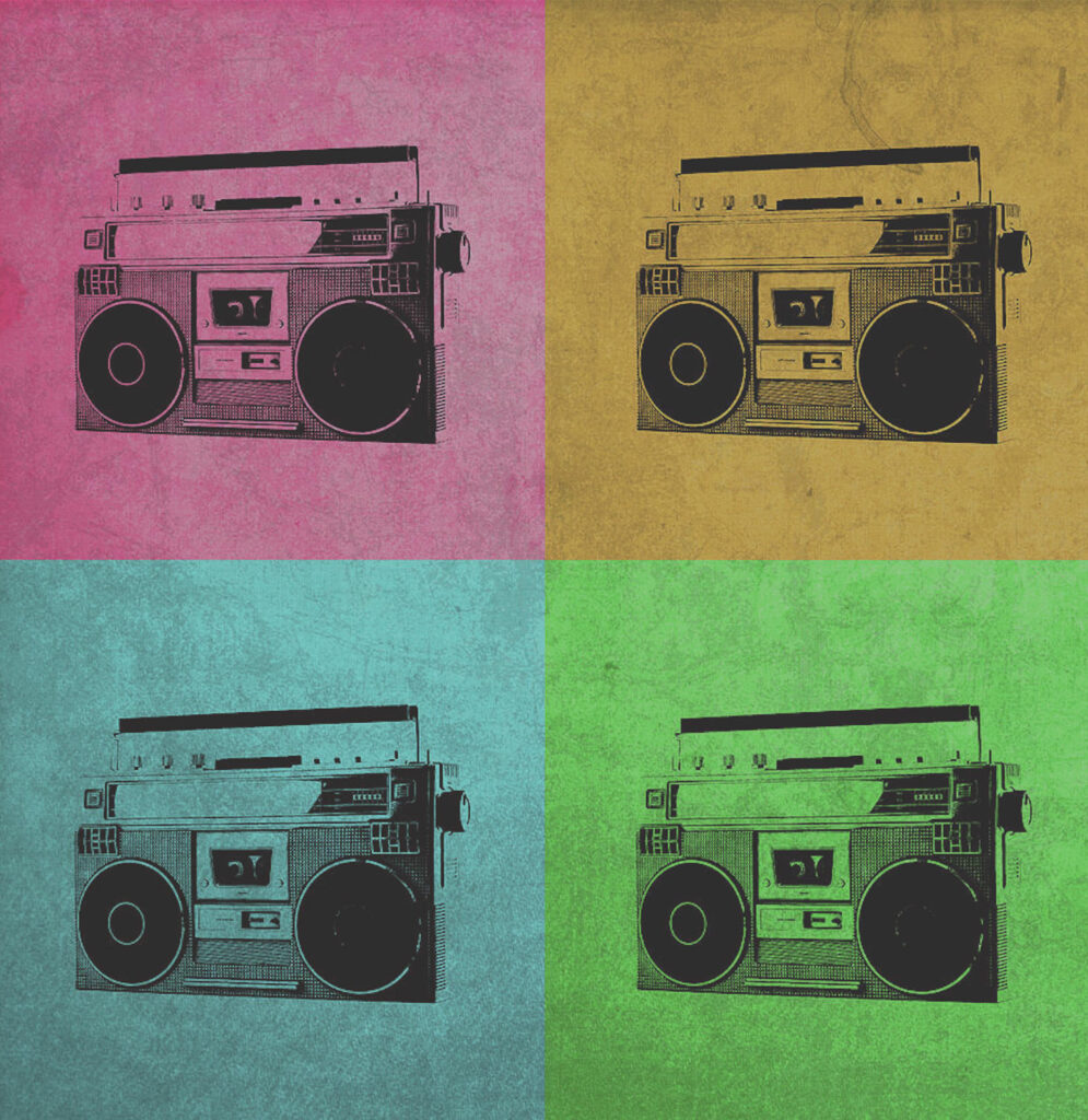 Pop art rendition of a boombox, in quadruplicate