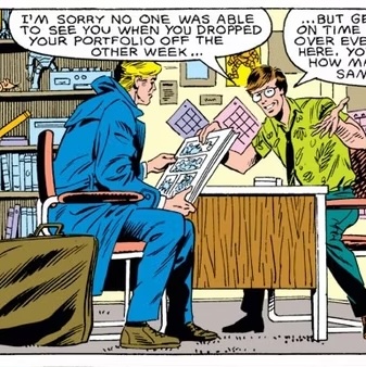 Steve Rogers (Captain America) submitting hjis portfolio at Marvel Comics