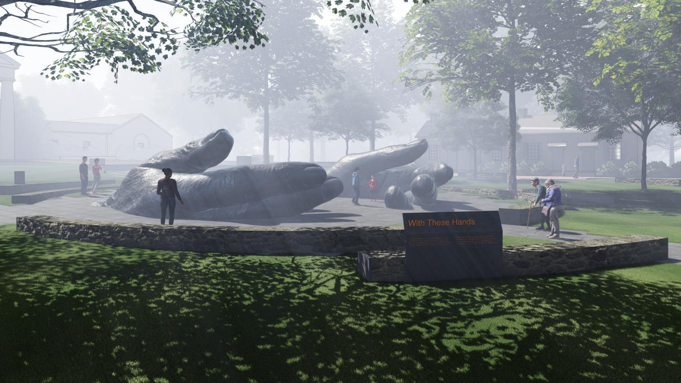Image of plans for Davidson College Memorial to enslaved and exploited peoples. Two large hands, rising out of the earth.