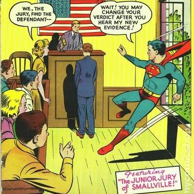 Superboy flying in through window into a courtroom.