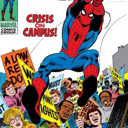 Spider-Man swinging over a crowd of protesters. "Crisis on Campus" in bold red letters.