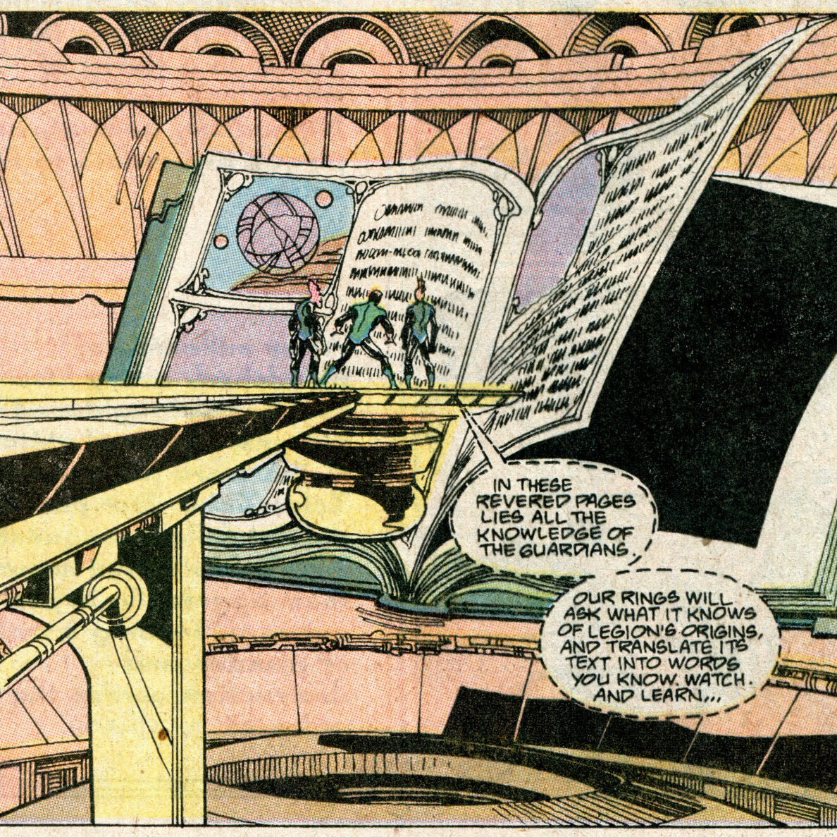Members of the Green Lantern Corps in front of a giant book